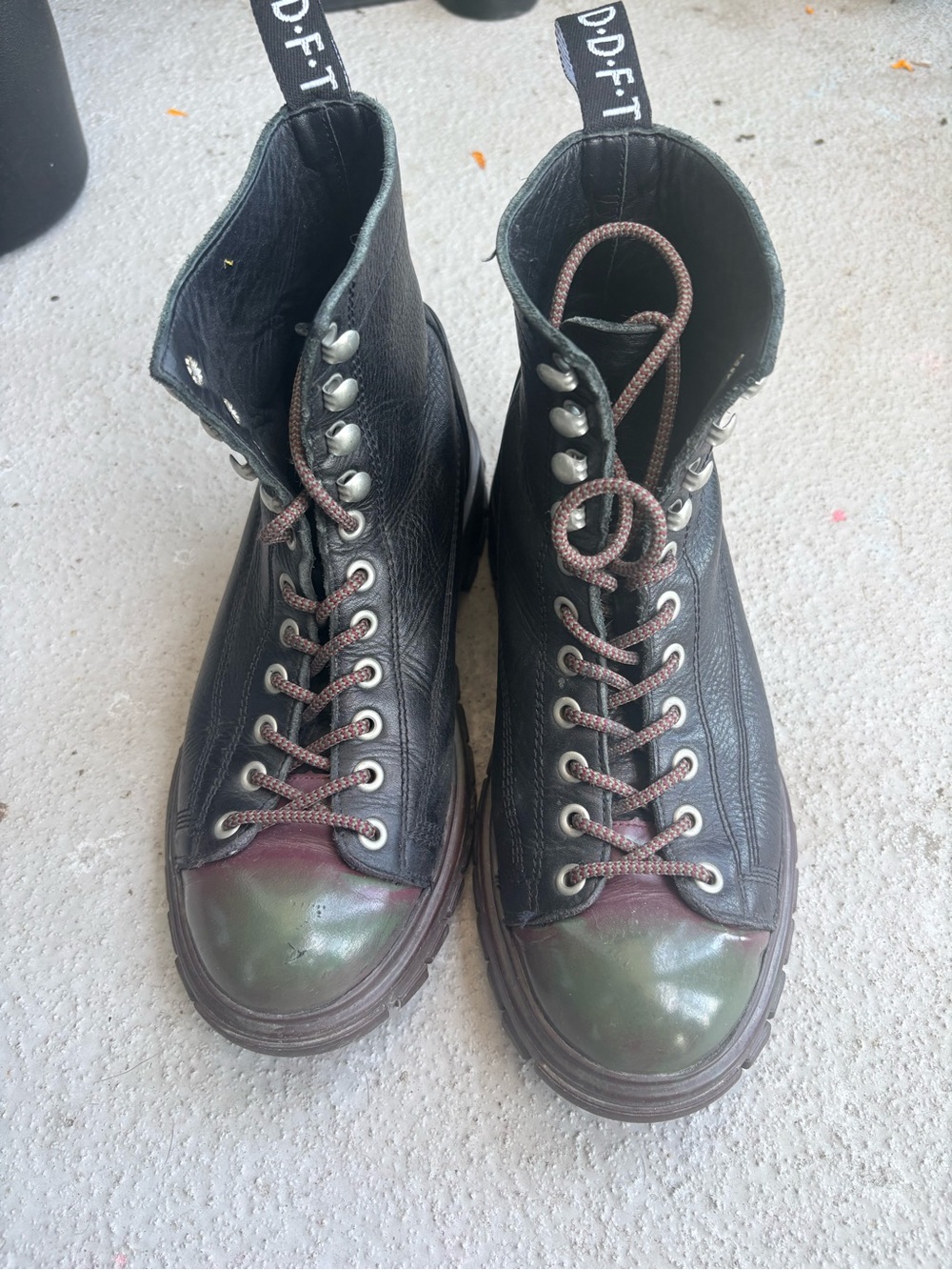 John Fluevog Black Leather Lace-Up Boots with Green Toe Caps